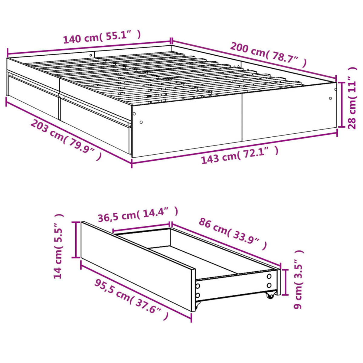 BETTGESTELL Mit Schubladen Sonoma-Eiche 140/200Cm Holzwerkstoff - Braun, Holzwerkstoff (140/200cm) - vidaXL