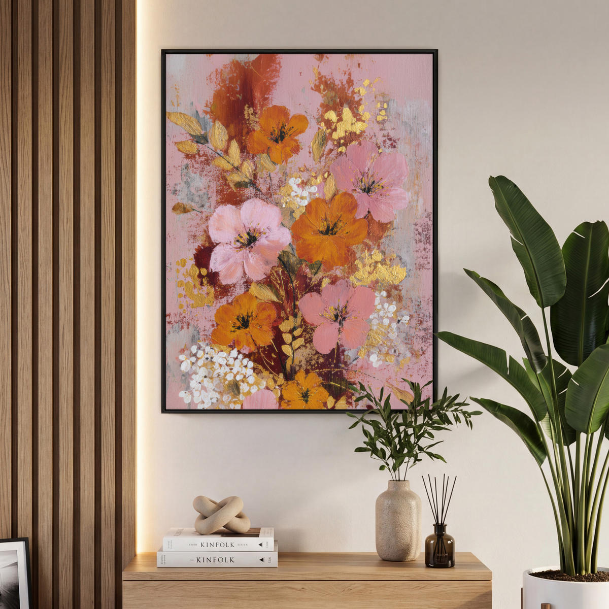 LEINWAND Bilder mit Rahmen - Malerei - Blumen - Rustikal - Rosa - 70x100 - Altrosa, Textil (70/100cm) - MuchoWow