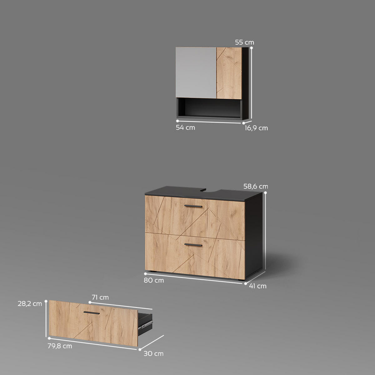 BADMÖBEL-SET Ronco Goldkraft Eiche/Anthrazit 2 Teile - Anthrazit/Eiche Wotan, Holzwerkstoff (80/58/41cm) - Livinity®