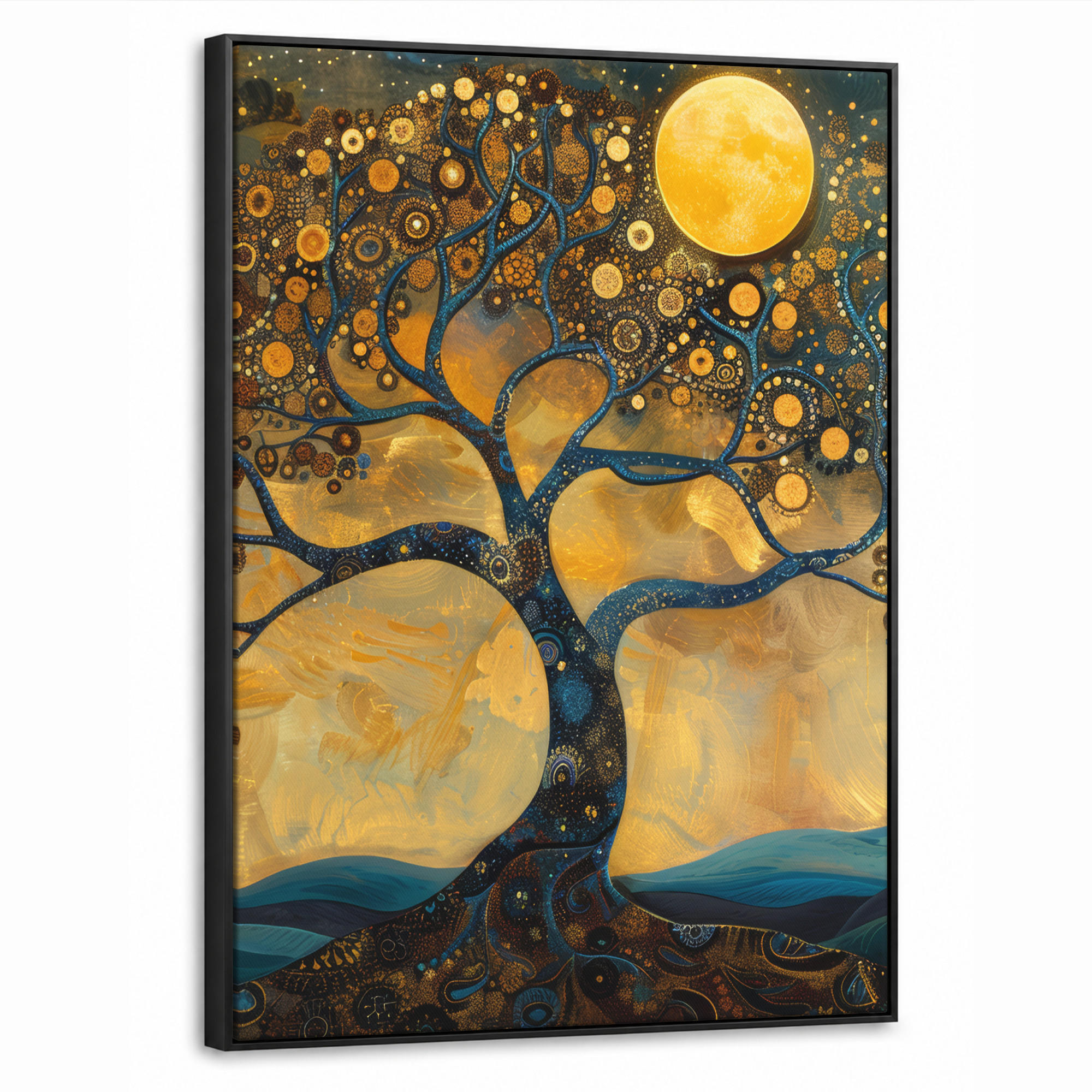 LEINWAND Bilder mit Rahmen - Baum - Mond - Blumen - Gold - Kunst - 70x100 - Orange, Textil (70/100cm) - MuchoWow