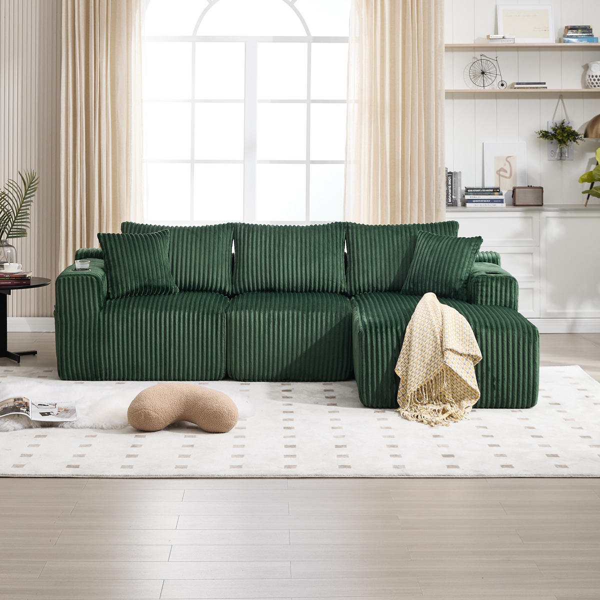 MODULARES Sofa-Set Cord mit Chaiselongue Taschen und Getränkehalter 257/90 160/62 cm Smaragdgrün - Smaragdgrün, Textil (160/257cm) - Redom