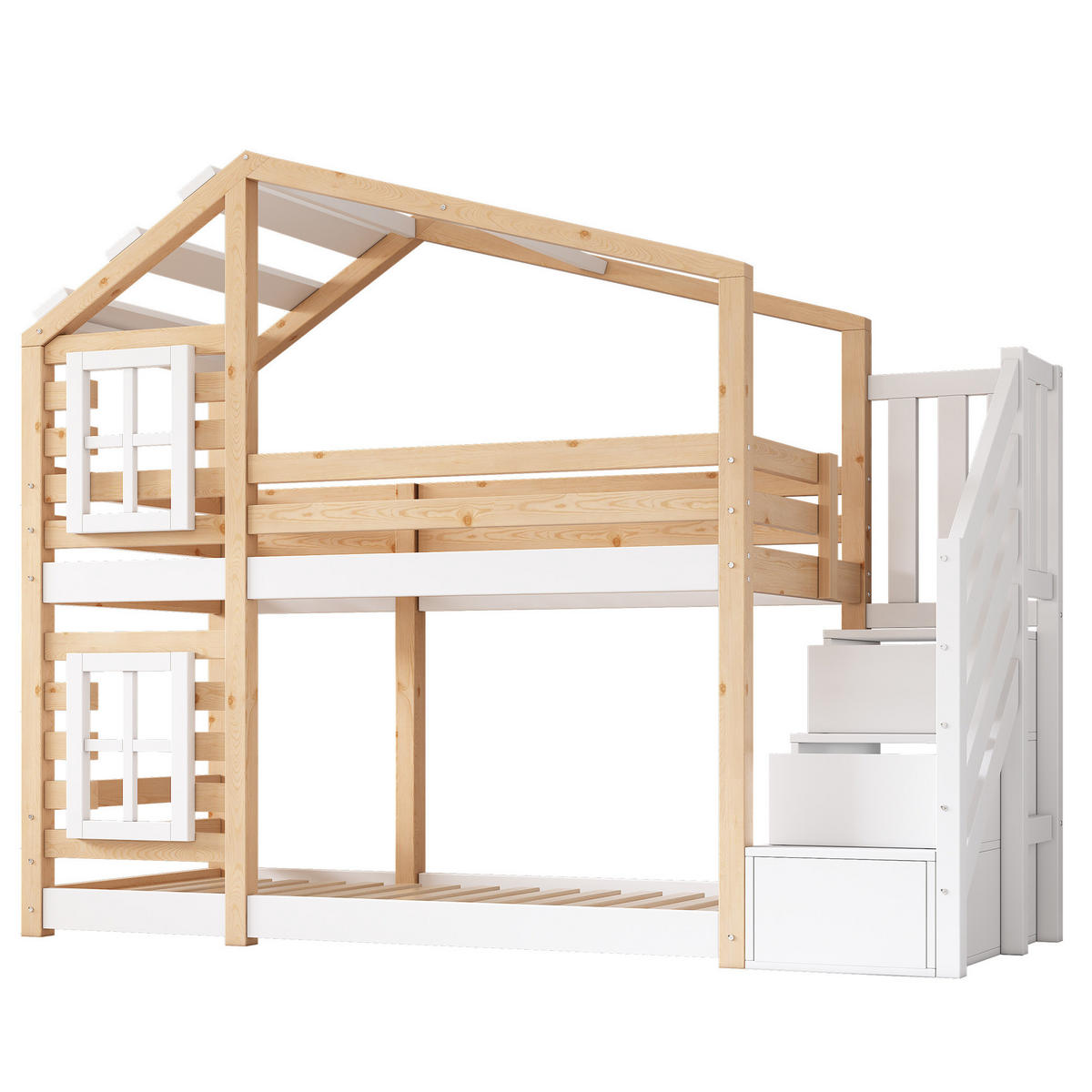 KREVET na kat 90/200 cm prirodna i bijela od masivnog drva i MDF-a sa spremištem - prirodne boje, drvni materijal (90/200cm) - OKWISH