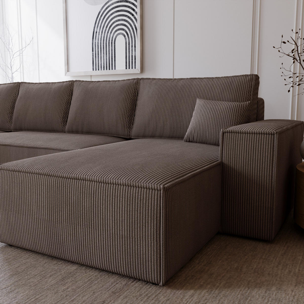 ECKSOFA U 380 cm Bergamo mit Schlaffunktion, Cordstoff, Braun - Braun, Holz (377/189cm) - Emporius