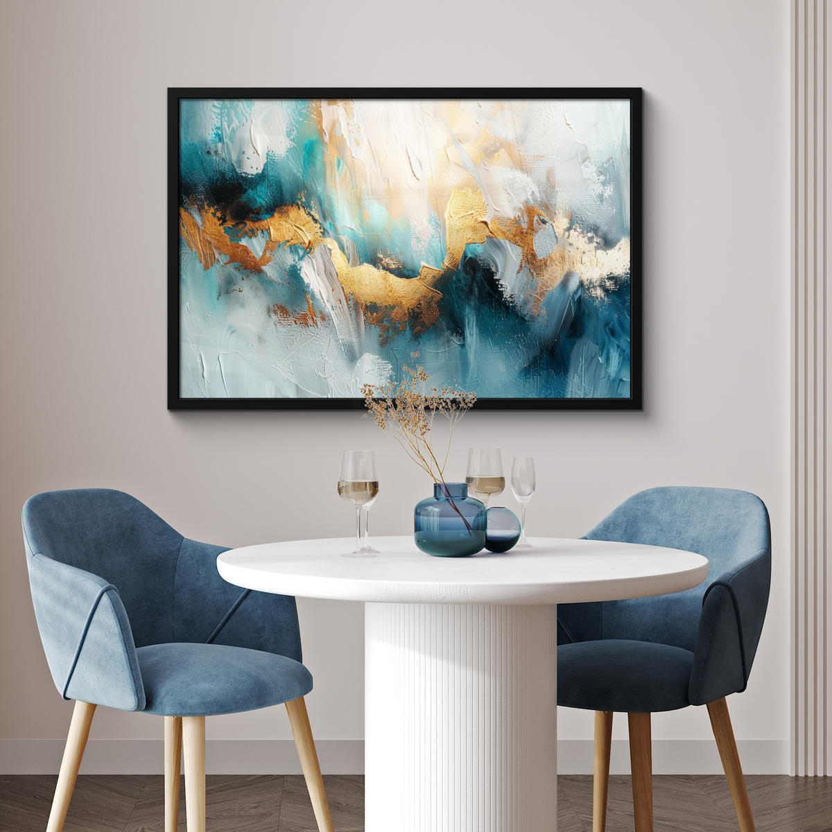 ZARÁMOVANÝ PLAGÁT Abstraktné - umenie - zlaté - modré 90x60 cm - petrolejová, papier (90/60cm) - MuchoWow