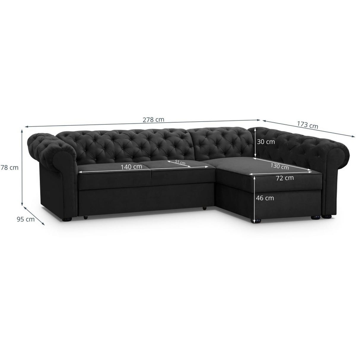 ECKSCHLAFSOFA Chester im Chesterfield-Stil, Schwarz, rechts - Schwarz, Textil (278/173cm) - Beautysofa