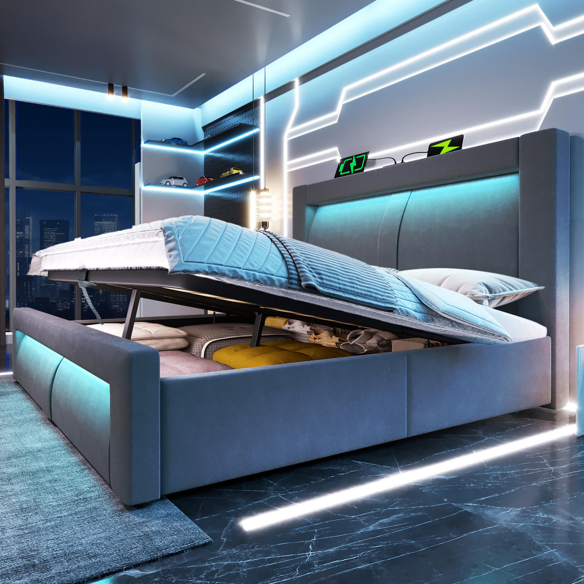 POLSTERBETT 160/200 cm mit Stauraum, LED-Beleuchtung, USB- und Type-C-Anschlüssen aus Samt, Grau - Grau, Textil (160/200cm) - Redom