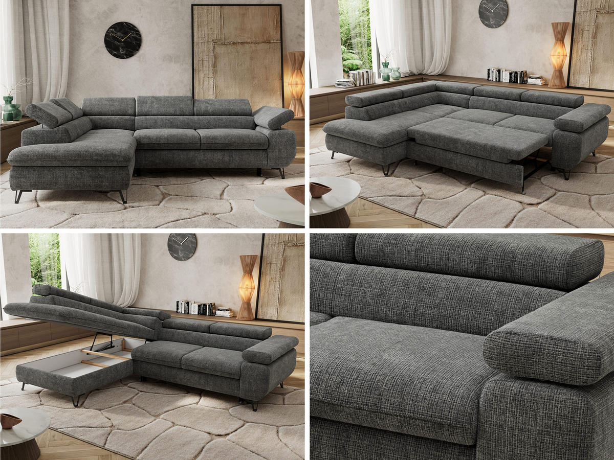 ECKSOFA PABLO L Grau Schenille grob gewebt - Links Seite - Schwarz/Grau, Textil/Metall (208/273cm) - MKS