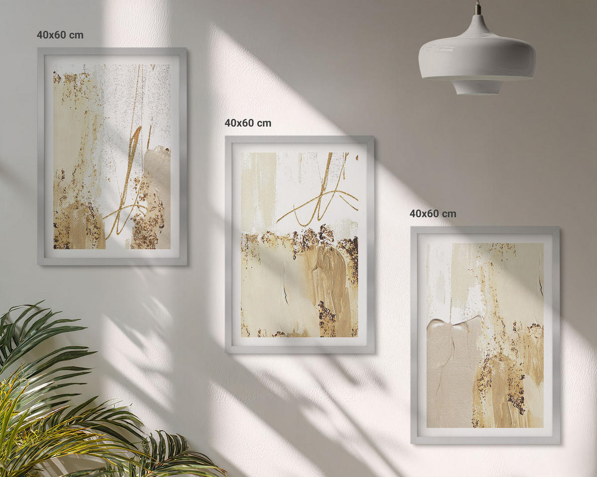 BILDER SET 3er Set - 40x60 cm Silberner Rahmen - Abstrakte Muster beige weiß - Silberfarben, Kunststoff (40/60cm) - TULUP