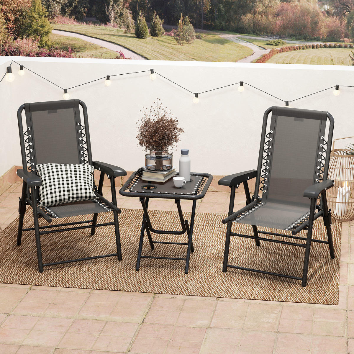 BISTRO-SET DE-07317 3-teilig, klappbar mit Becherhaltern Schwarz - Schwarz, Metall - ComfortXL