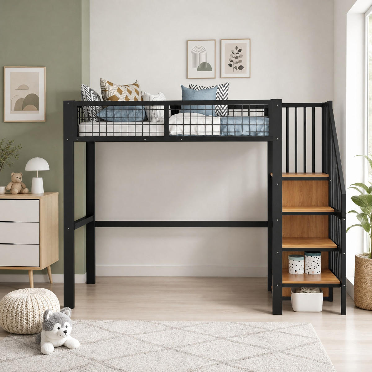 HOCHBETT 90/200 mit Sicherheitsleiter, Kleiderschrank und Aufbewahrungsregal in Schwarz - Schwarz, Holz/Metall (90/200cm) - EVRYAE