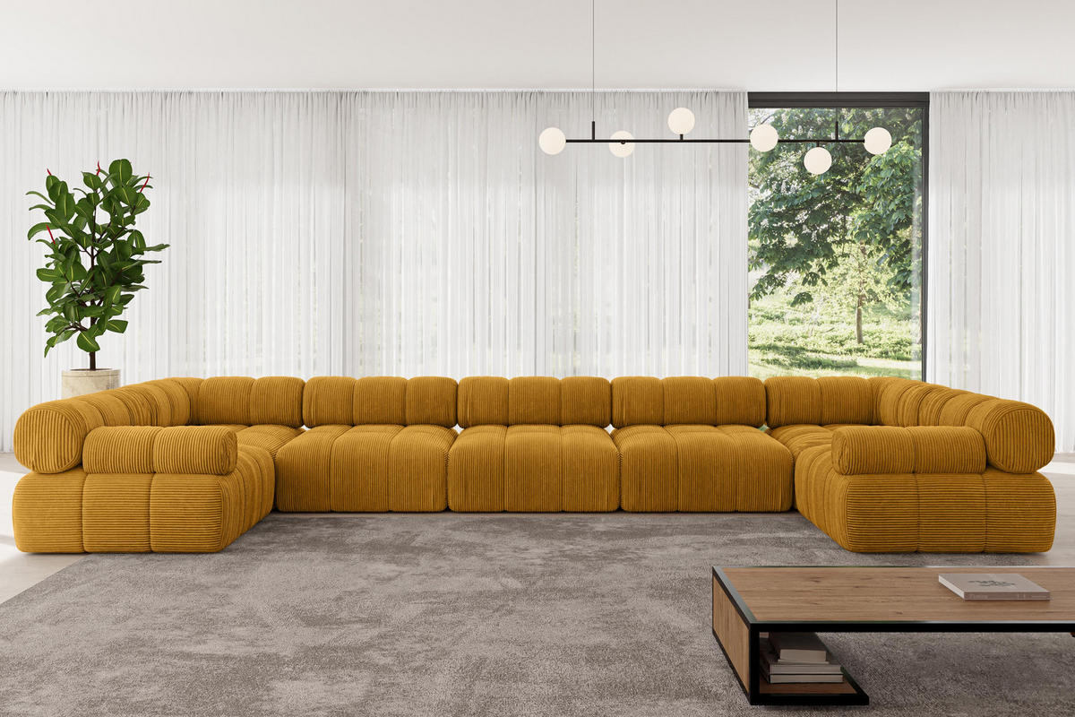 WOHNLANDSCHAFT modulares Sofa Birno-U3 - 475x190x70 cm Senfgelb Cord - Currygelb, Holzwerkstoff/Textil (475/70/190cm) - ALTDECOR