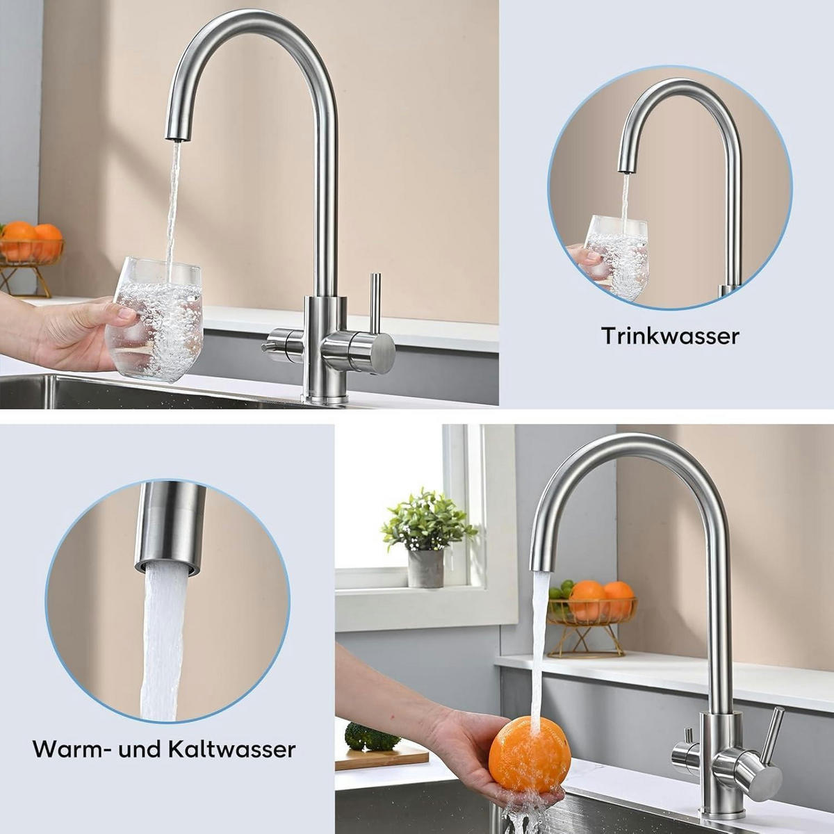 KÜCHENARMATUR 3-Wege mit Trinkwasserfunktion gebürstetes Silber - Silberfarben, Metall (20.6/26.7/39.6cm)
