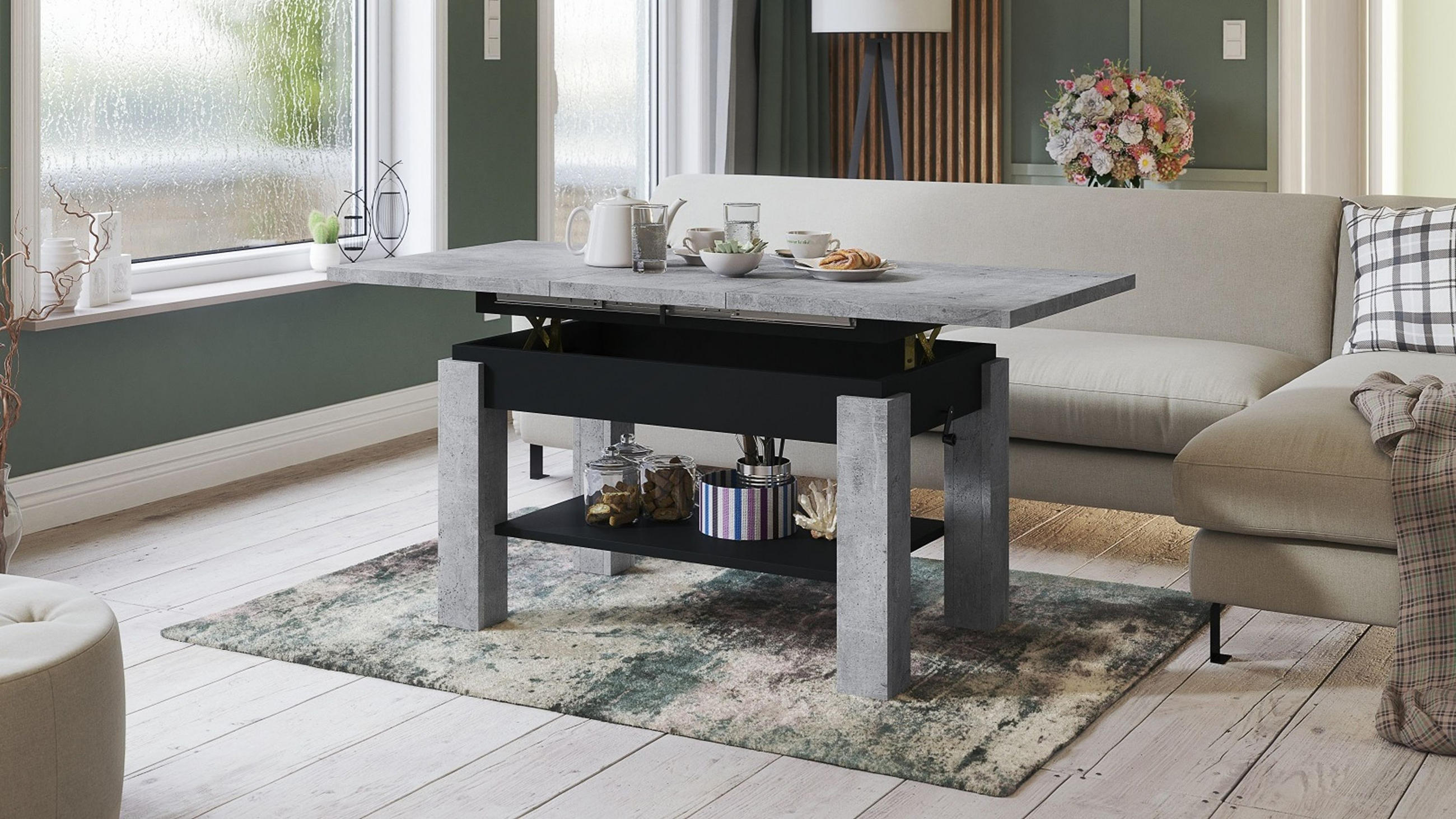 COUCHTISCH rechteckig Beton - Schwarz ausziehbar höhenverstellbar - Hellgrau/Schwarz, Holzwerkstoff (68/110/59cm) - designimpex
