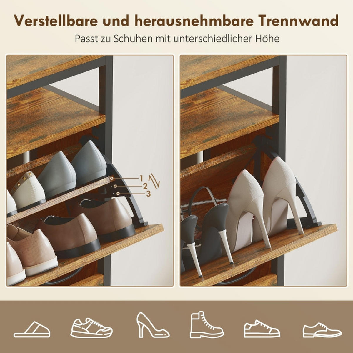 SCHUHKIPPER DE-38030 98/24/95 cm mit 4 Klappfächern Braun - Braun, Holzwerkstoff (98/95/24cm) - ComfortXL
