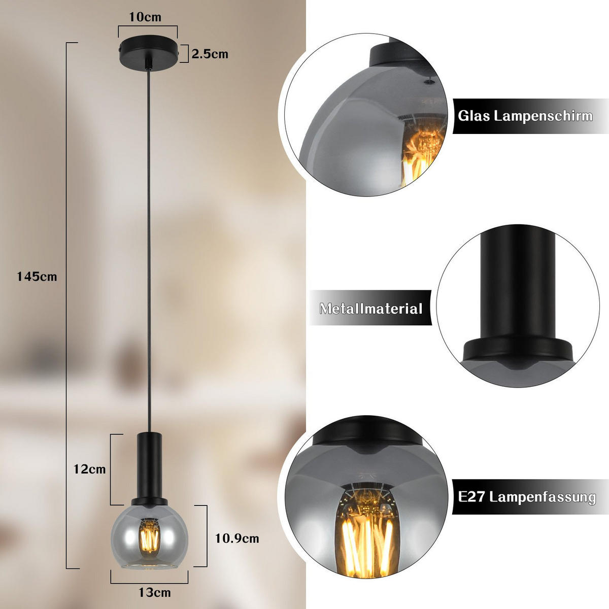 HÄNGELEUCHTE Torvq 10/13/145 cm - Schwarz, Metall (10/13/145cm) - ZMH