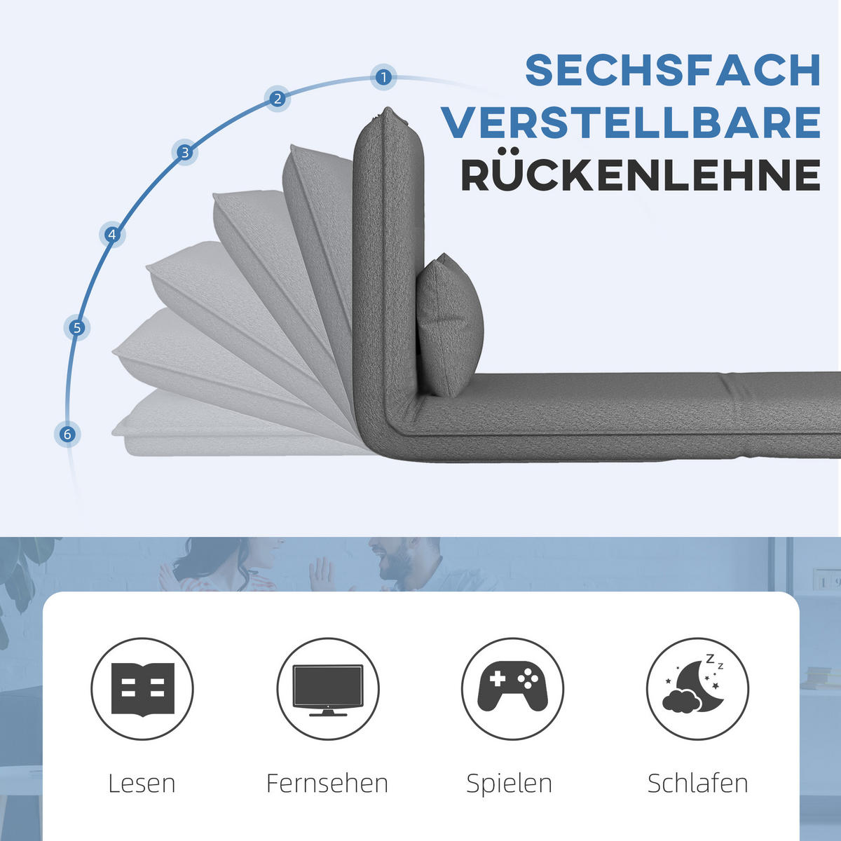 BODENSOFA 3-in-1 Klappbar Schlafsofa, Gepolstert Sofabett mit Schlaffunktion - Dunkelgrau, Textil/Metall (81/68/75cm) - HOMCOM