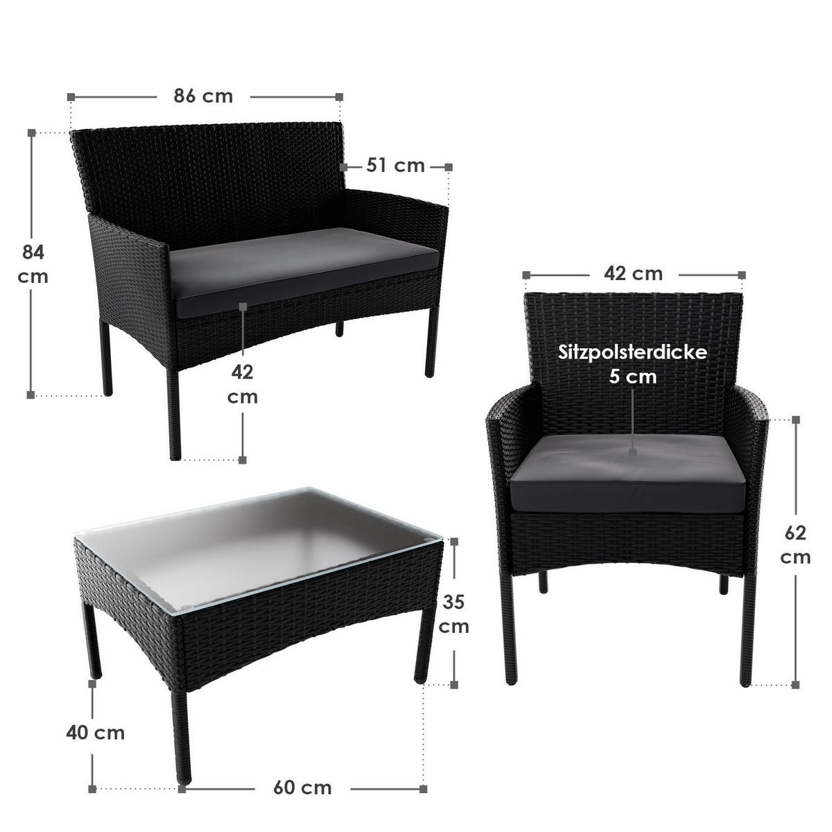 GARTENSET Fort Myers schwarz / dunkelgrau inkl. Abdeckung - Dunkelgrau/Schwarz, Kunststoff/Metall - Juskys