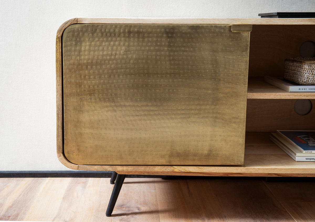 LOWBOARD Mango Massivholz Modern Stil 160x55x41 cm mit punzierten Türen - Schwarz/Braun, Holz/Metall (160/55/41cm) - KADIMA DESIGN