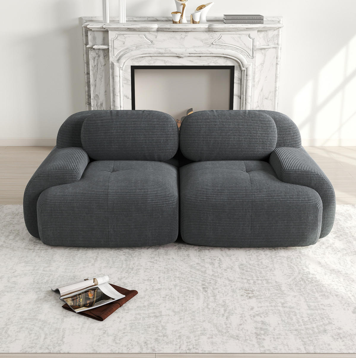 ECKSOFA modular rahmenlos mit geschwungenen Armlehnen und rutschfester Unterseite, Grau - Grau, Textil (208/103cm) - Redom