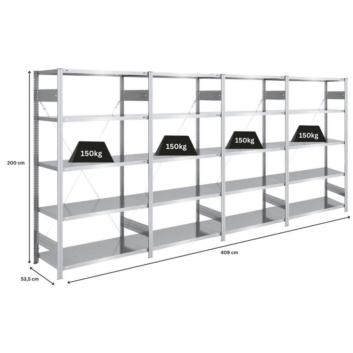 SCHWERLASTREGAL Silver Mamba 200x400x50cm 5 Ebenen je 150kg Fachlast Verzinkt - Silberfarben, Metall (400/200/50cm) - PROREGAL