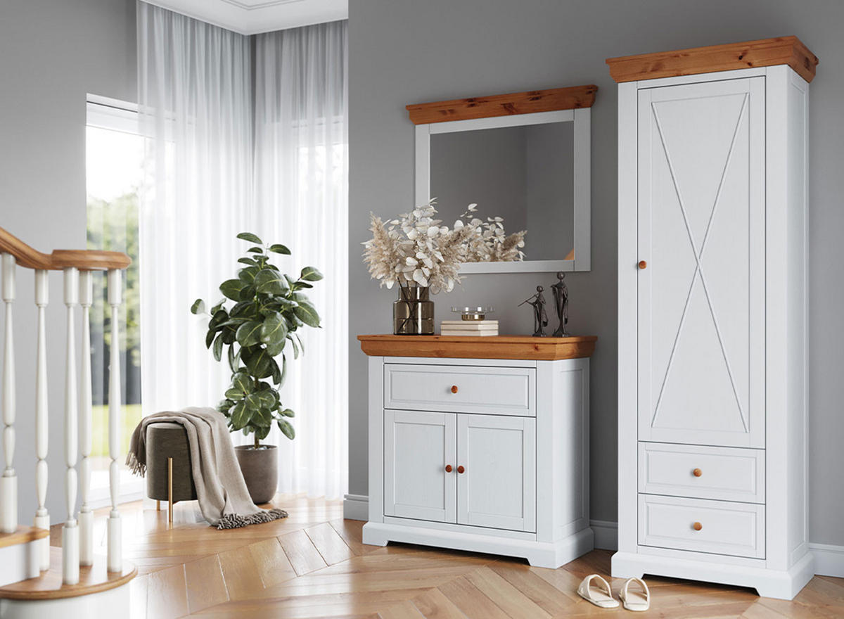 WANDSPIEGEL Marone Elite Weiß / Kiefer Natur 109 / 5 / 81cm - Weiß/Kieferfarben, Glas (109/82/5cm) - Feldmann-Wohnen