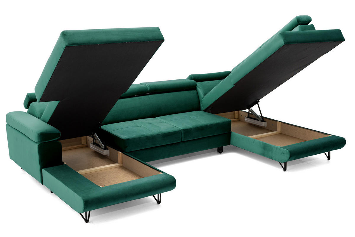 ECKSOFA U-Form JUNIOR U Rechts mit Schlaffunktion 128x254 Velours Dunkelgrün - Dunkelgrün/Schwarz, Holz/Textil (184/90/323cm) - Muffo