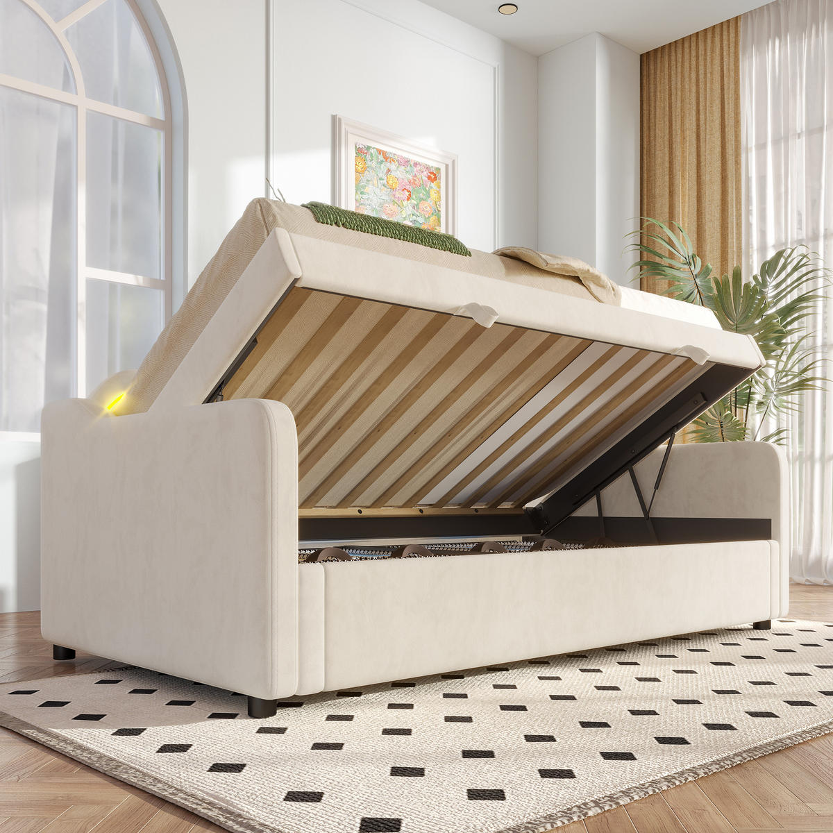 TAGESBETT 90/200 cm beige mit hydraulischem Stauraum und LED-Beleuchtung - Beige, Textil (90/200cm) - OKWISH