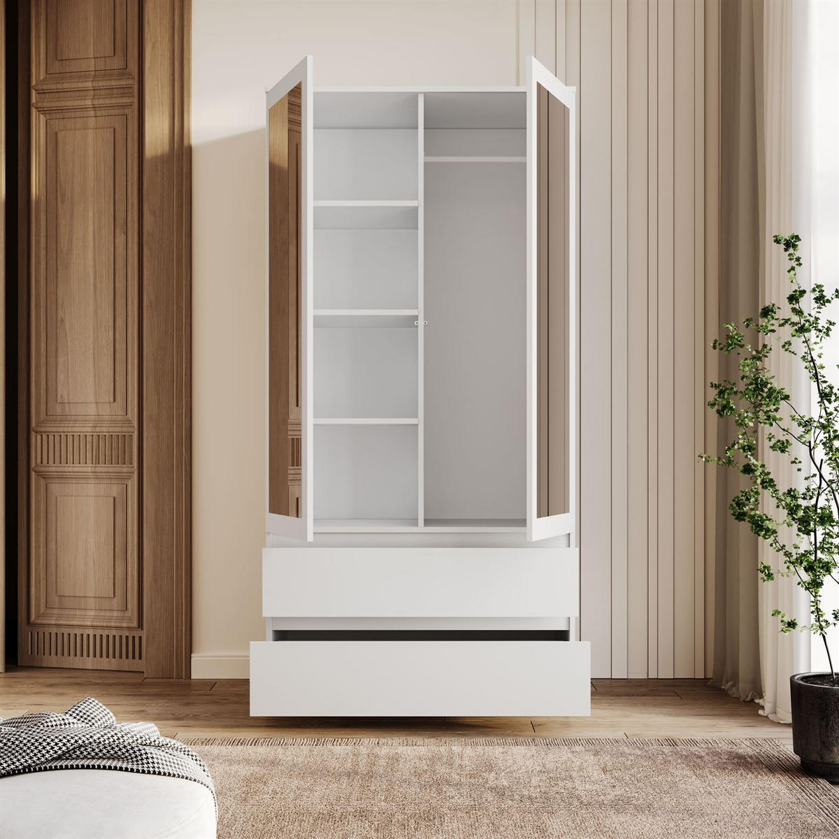 SCHRANK HANA SS-90 mit Spiegel Weiß - Weiß, Holzwerkstoff (90/180/50cm) - Lookway