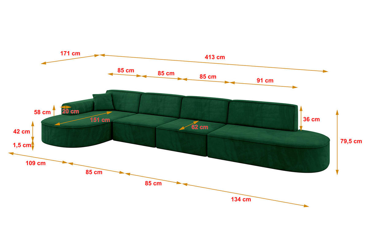 ECKSOFA Ottomane Links MARI-L3 - 413x171x79 cm Dunkelgrün Velours - Dunkelgrün/Schwarz, Holzwerkstoff/Kunststoff (413/171cm) - ALTDECOR