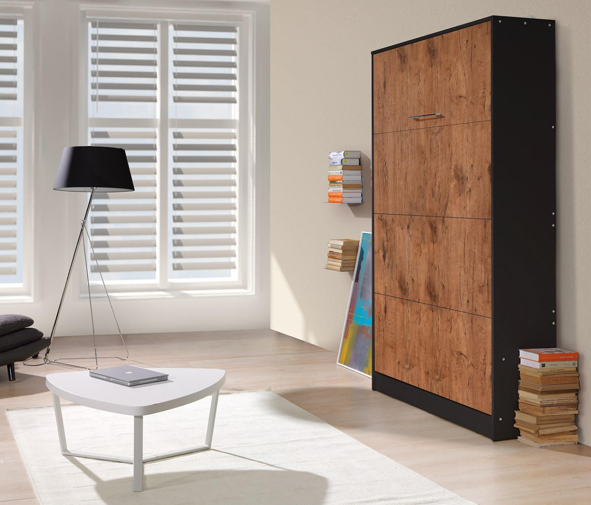 SCHRANKBETT Wandklappbett vertikal VB 140x200 - Eiche Lancelot & Schwarz - Schwarz/Braun, Holzwerkstoff (140/200cm) - QMM TraumMöbel