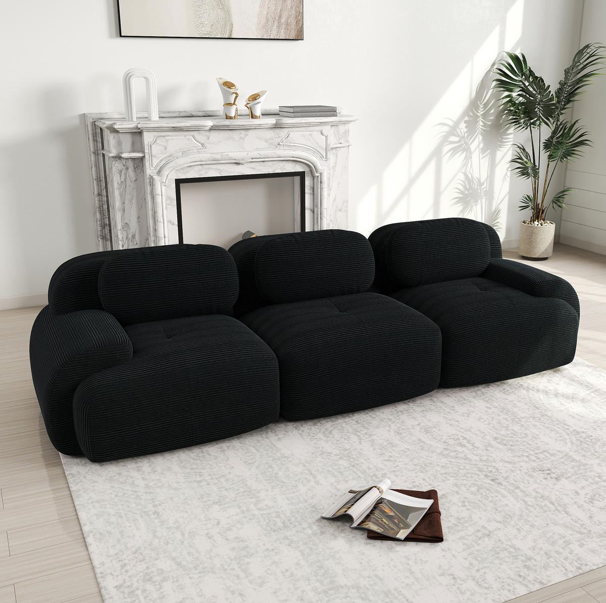 ECKSOFA 298/103/75 cm schwarz aus Cordstoff modular und rahmenlos ohne Montage - Schwarz, Textil (103/75/298cm) - OKWISH