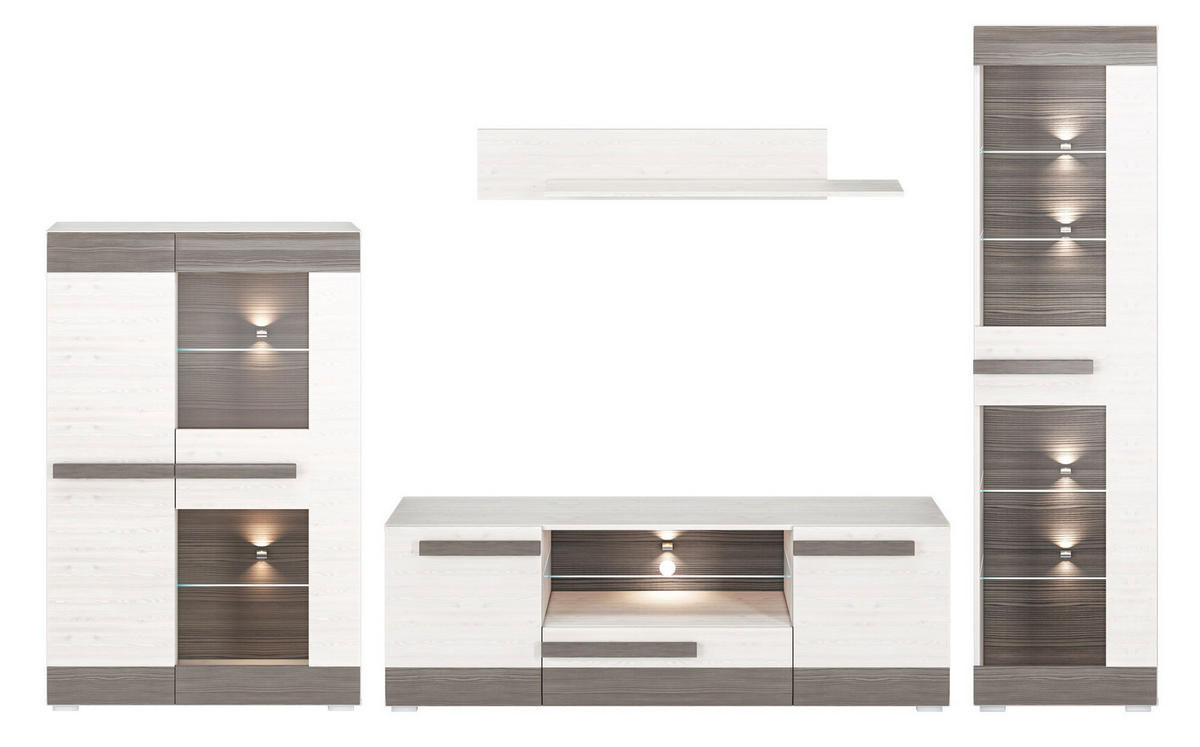 WOHNWAND 4-TEILIG Blanco Pinie weiß / grau 312 / 42 / 202cm - Weiß/Grau, Holz/Holzwerkstoff (312/202/42cm) - Feldmann-Wohnen