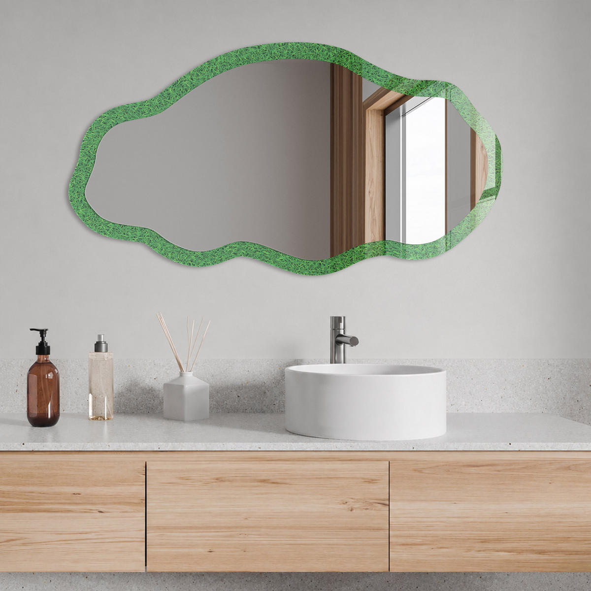 SPIEGEL 90x45 cm asymmetrisch mit Druck - Grasmuster - Transparent, Glas (45/90/0.4cm) - TULUP