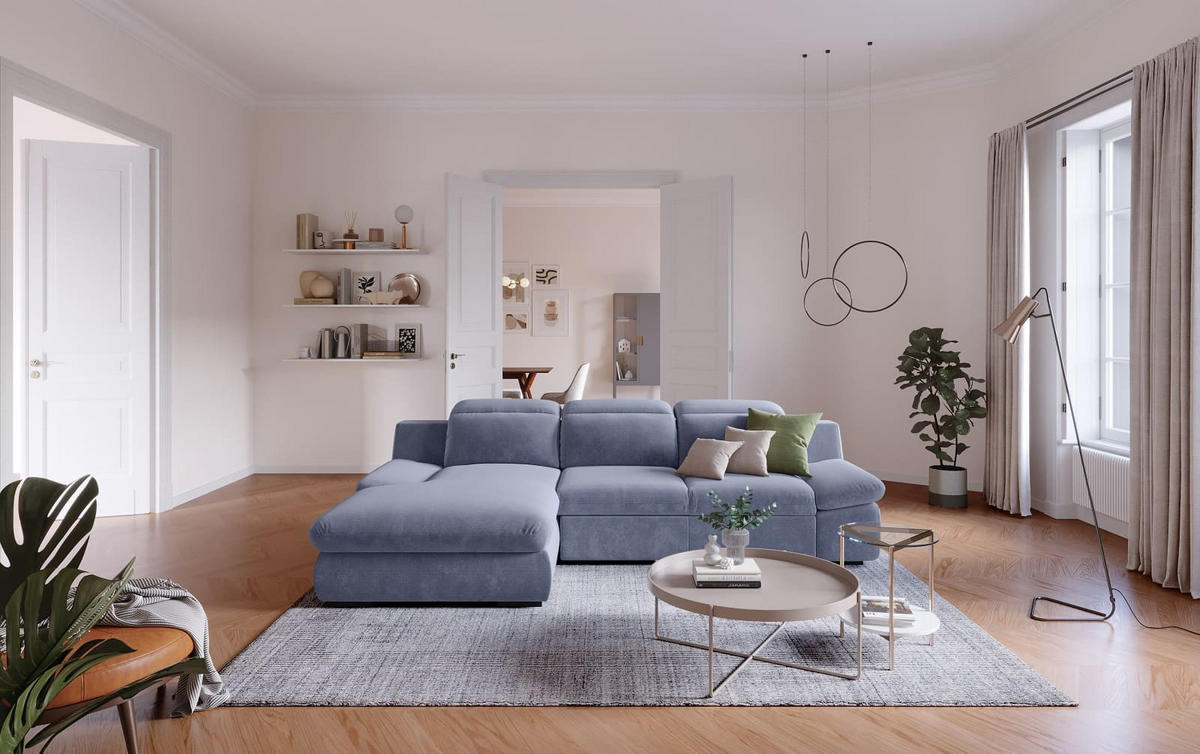 ECKSOFA mit Schlaffunktion und Bettkasten - Blau, Kunststoff/Textil (276/168cm) - Cotta