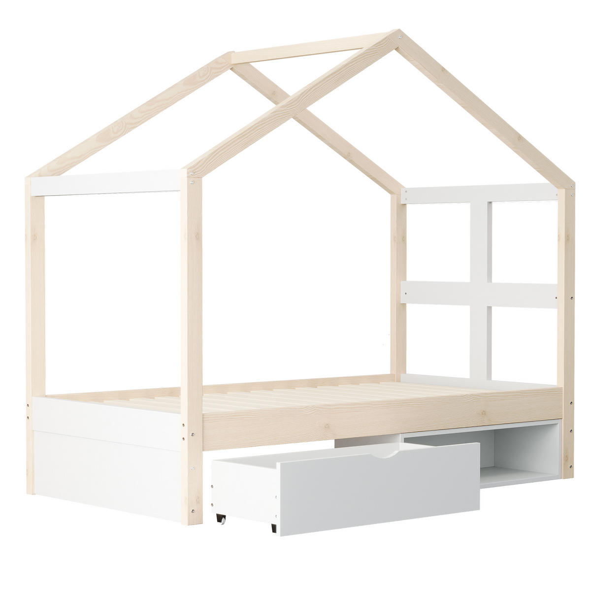 HAUSBETT 90/190 cm DE-01554, in Holzfarbe, mit Schubladen, Schuhschrank und LED-Beleuchtung - Naturfarben, Holzwerkstoff (90/190cm) - ComfortXL