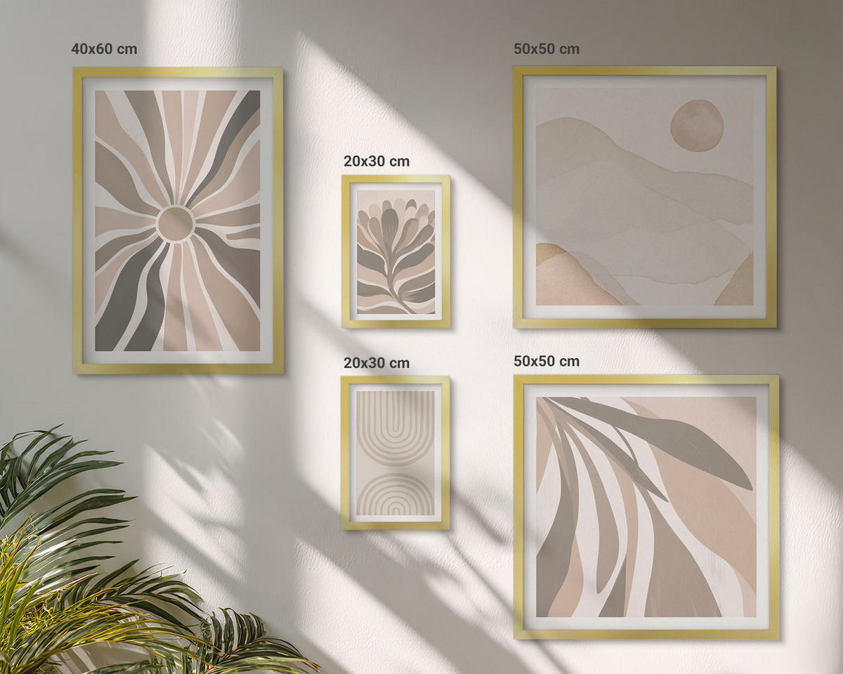 BILDER SET 5er Set - 50x50 cm & 20x30 cm & 40x60 cm Goldrahmen - Abstrakte Pflanzenmuster - Goldfarben, Kunststoff (40/60cm) - TULUP