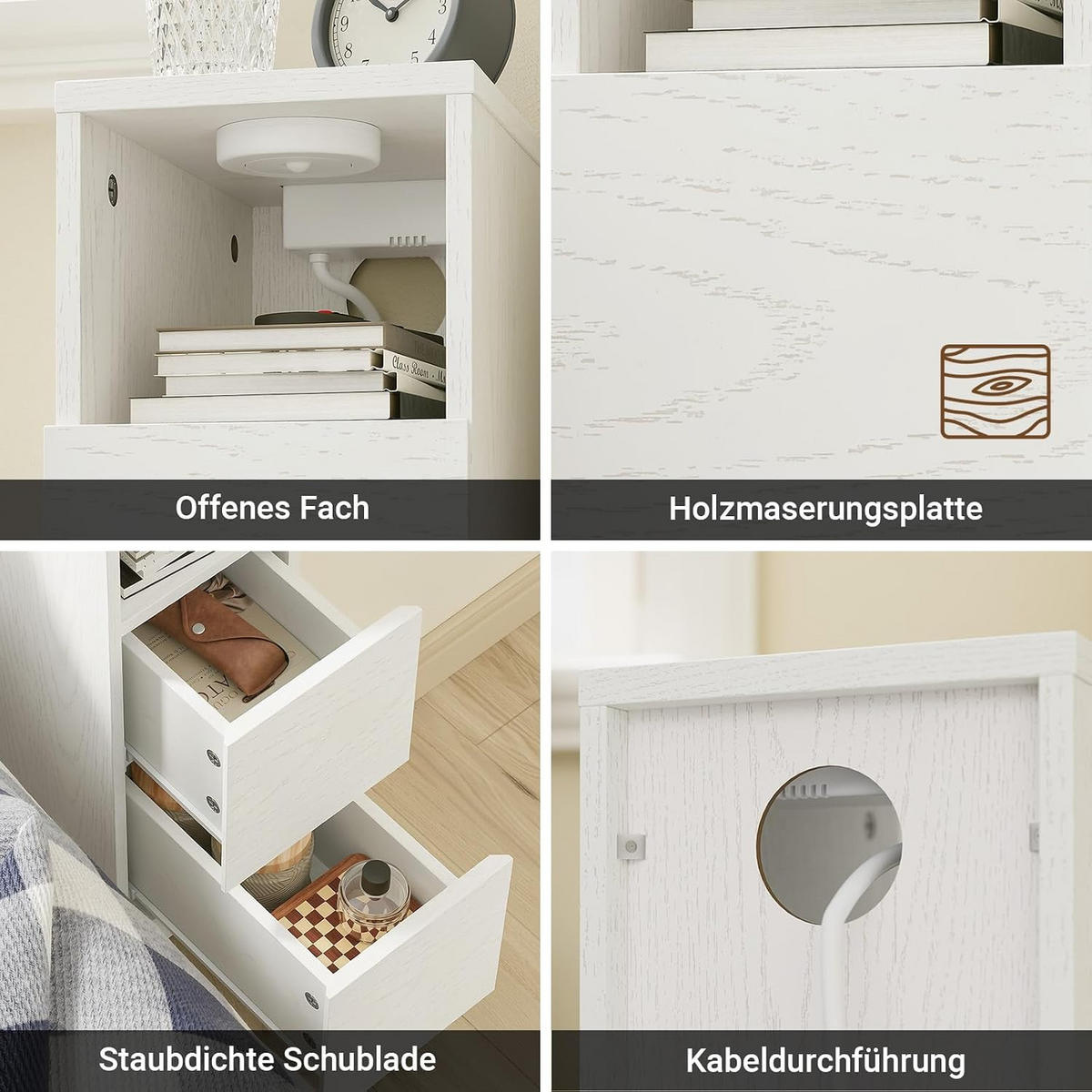 NOĆNI stol s dvije skrinjice i integriranim svjetlom - bijela, drvni materijal (35/60/20cm) - SoBuy