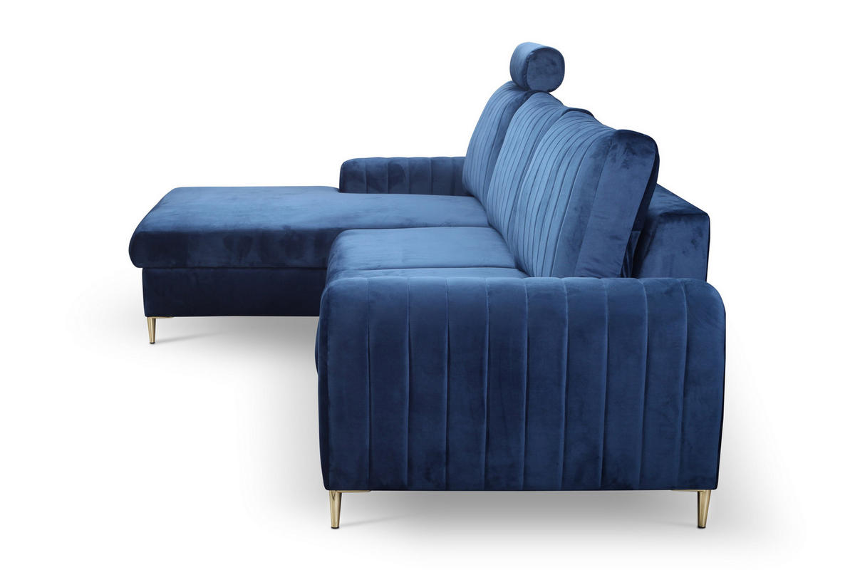 ECKSOFA VERONA L-S Blau Velours-Stoff mit Schlaffunktion - Blau, Holz (251/164cm) - MASSENO