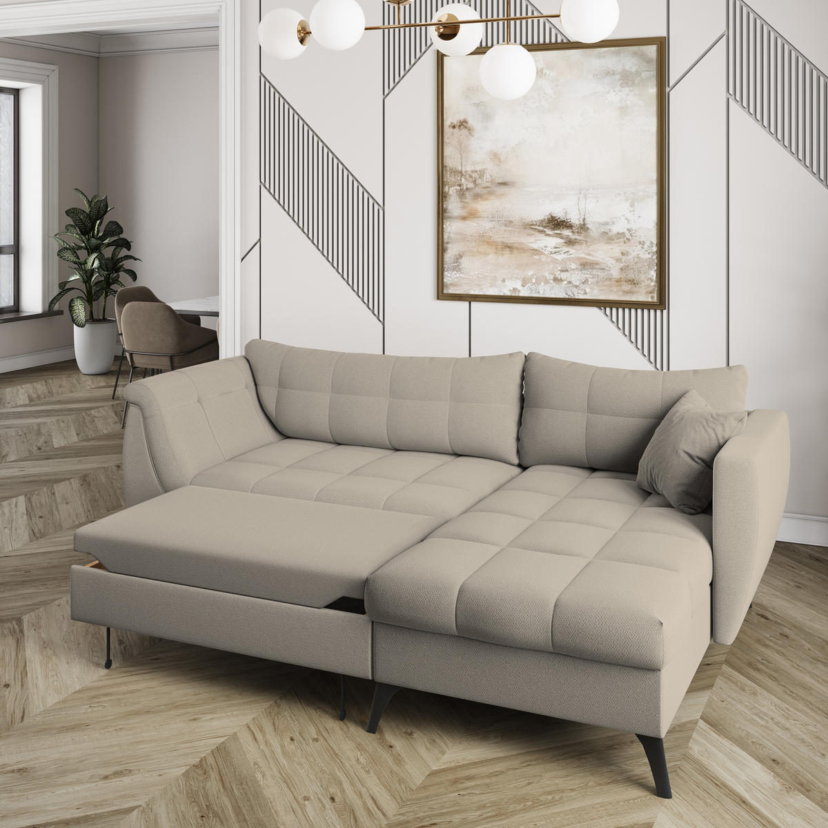 ECKSOFA MOLLIS Beige Geflochtener-Stoff mit Schlaffunktion - Beige, Holz (241/154cm) - MASSENO