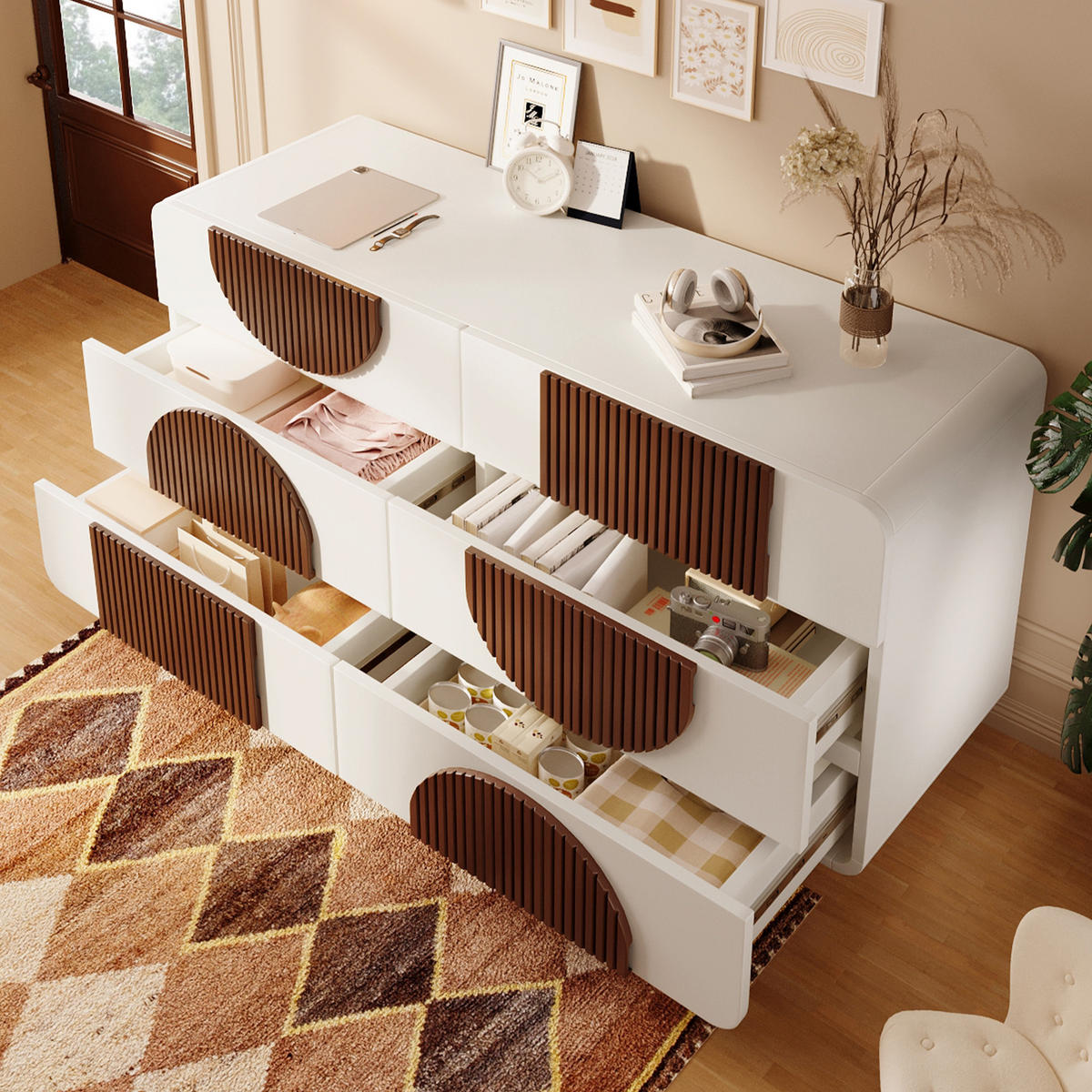 KOMMODE in Weiß Sideboard mit schokoladenfarbenen Holzleisten und Schubladen für Wohnzimmer, B121/T41/H71 cm - Weiß/Braun, Holz/Holzwerkstoff (121/71/41cm) - STILVORA