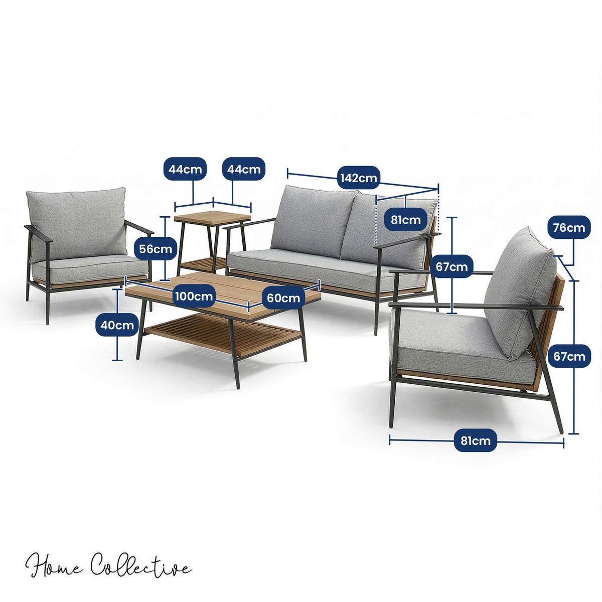 GARTENMÖBEL-SET mit 1 2-Sitzer-Sofa. 2 Einzelstühlen. 1 Couchtisch und 1 Beistelltisch. Schwarz. Grau und Eiche natur - Schwarz/Naturfarben, Metall - Home Collective