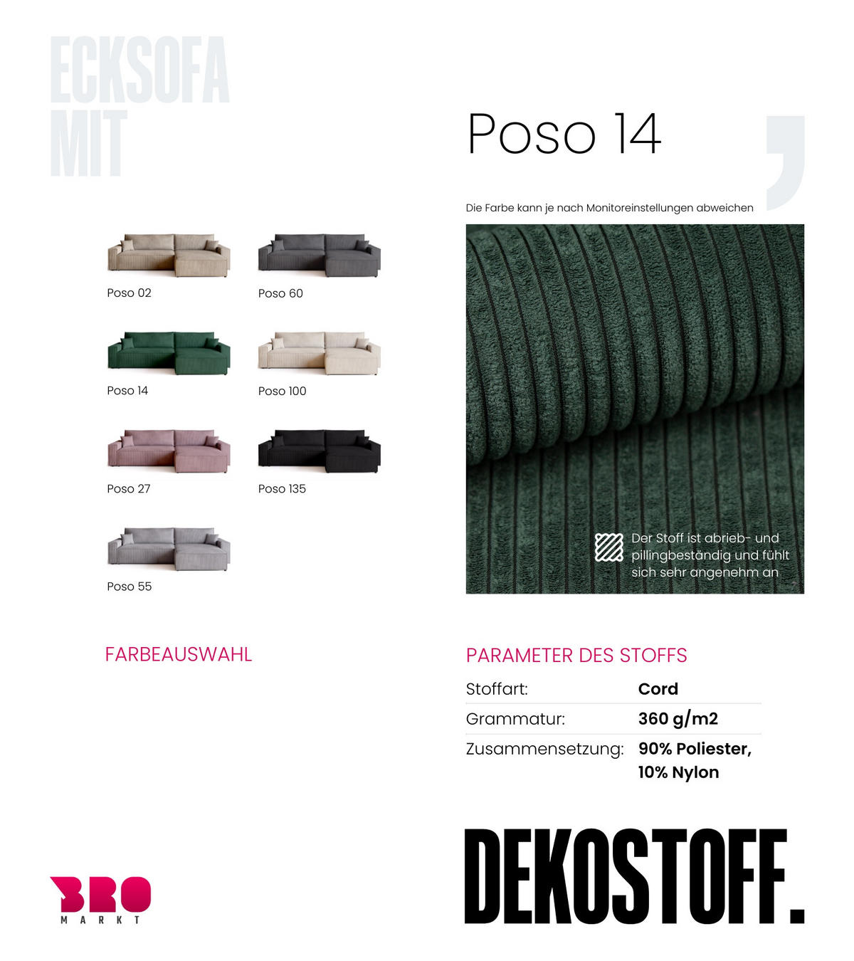 ECKSOFA ADI XL mit Schlaffunktion Dunkelgrün Cord - Dunkelgrün, Textil (272/143cm) - Bromarkt