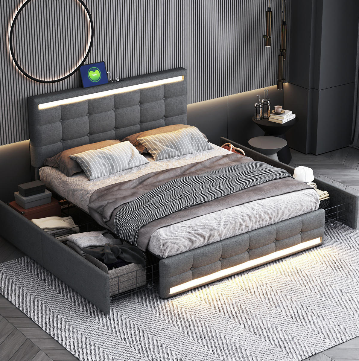 POLSTERBETT aus gepolstertem Stoff 140x200 cm Grau mit LED-Beleuchtung, 2 USB-Anschlüssen und 4 Schubladen - Grau, Textil (140/200cm) - Modfu