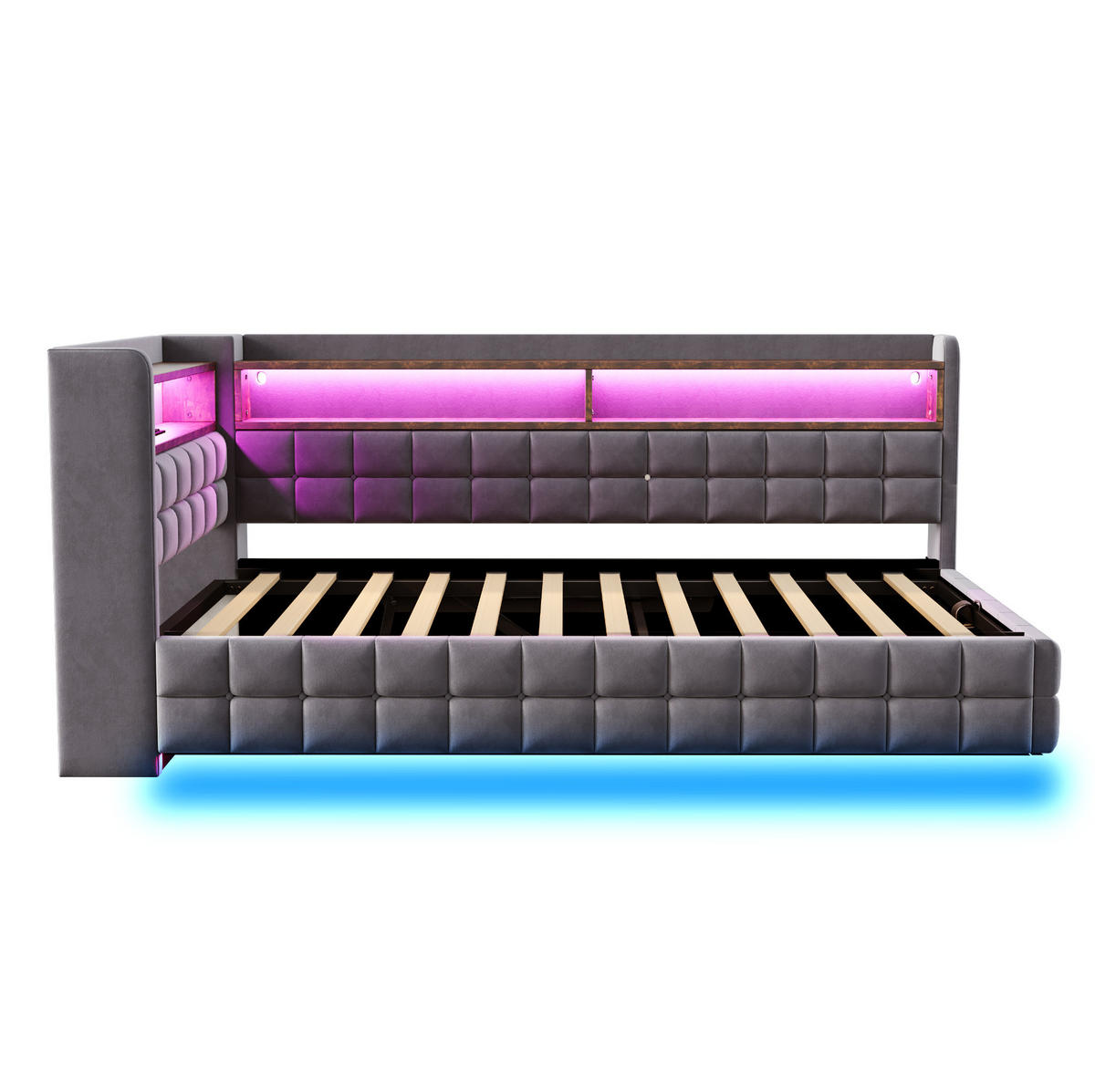 ČALOUNĚNÁ postel 90/200 cm šedá z veluru s úložným prostorem, LED a USB - šedá, textil (90/200cm) - OKWISH