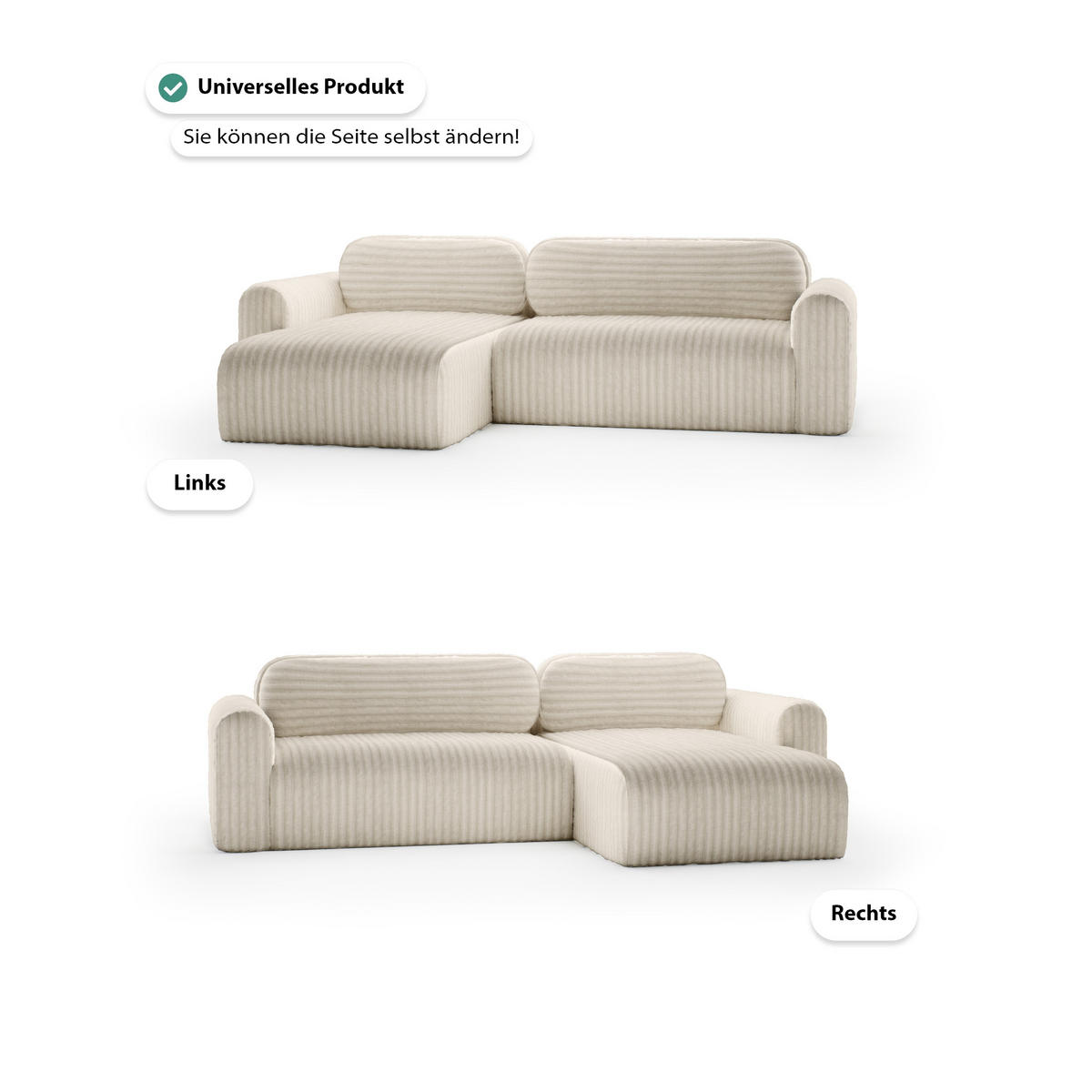 ECKSOFA mit Schlaffunktion Emmen, Creme - Creme, Textil (286/100cm) - Fedve