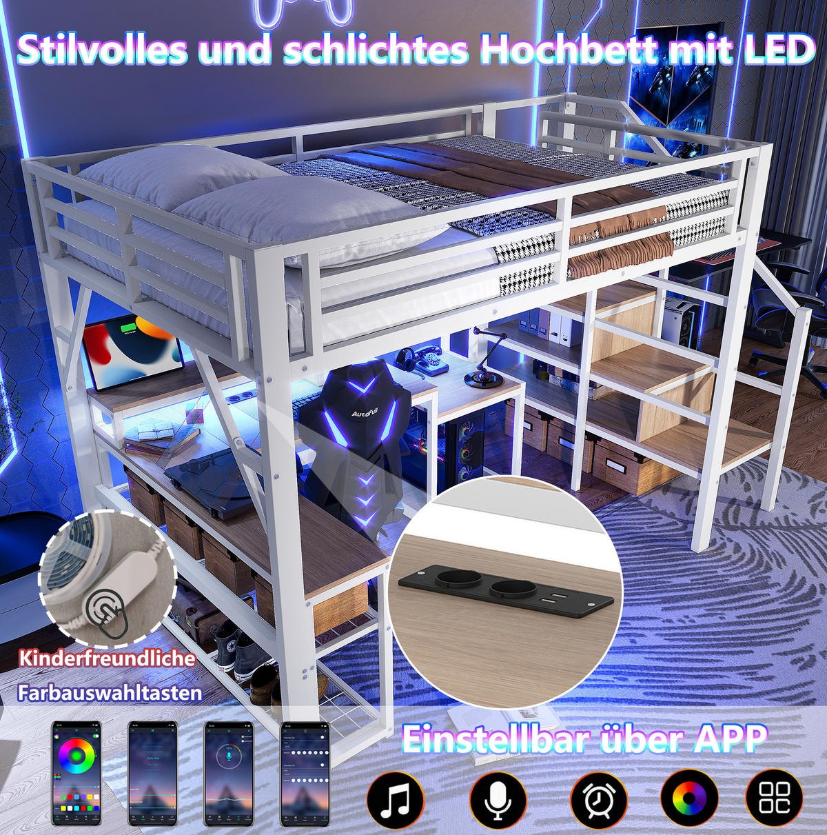 HOCHBETT 140/200 cm Weiß aus Metall und MDF mit Schreibtisch - Weiß, Metall (140/200cm) - OKMYHOME
