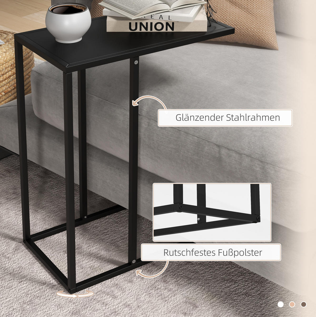 BEISTELLTISCH aus Stahl 46x26x60 cm Schwarz in C-Form, mit platzsparendem Design und stabiler Konstruktion - Schwarz, Metall (26/46/60cm) - Modfu
