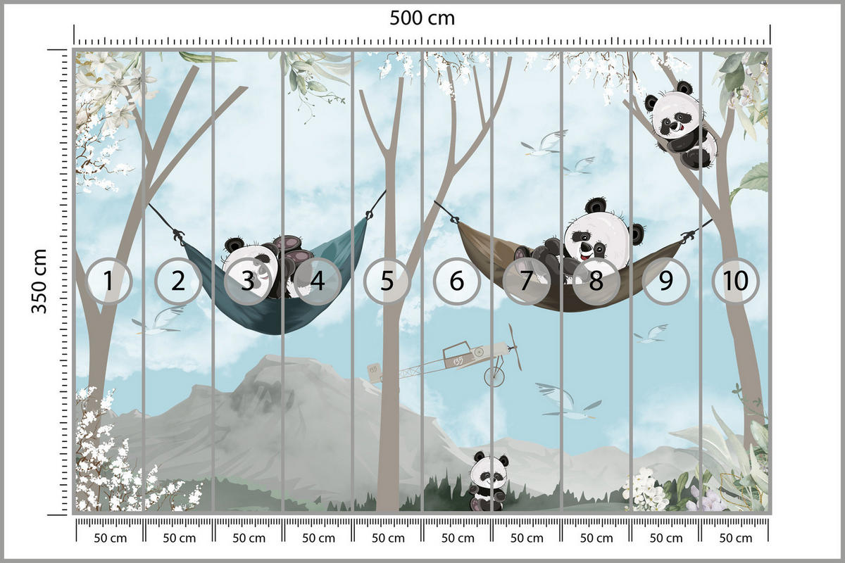 FOTOTAPETA Pre Detskú Izbu Pandy V Hojdacích Sieťach Rozprávkový Les Kvety Hory 500 x 350 cm - čierna/sivá, papier (500/350cm) - Muralo