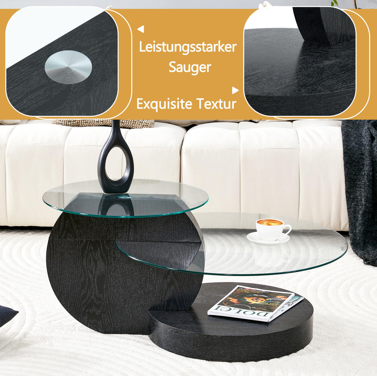 COUCHTISCH 50/70 cm schwarz transparent aus MDF und Sicherheitsglas mit Mehrstufen-Ablage - Transparent, Holzwerkstoff (90/70/44cm) - OKMYHOME