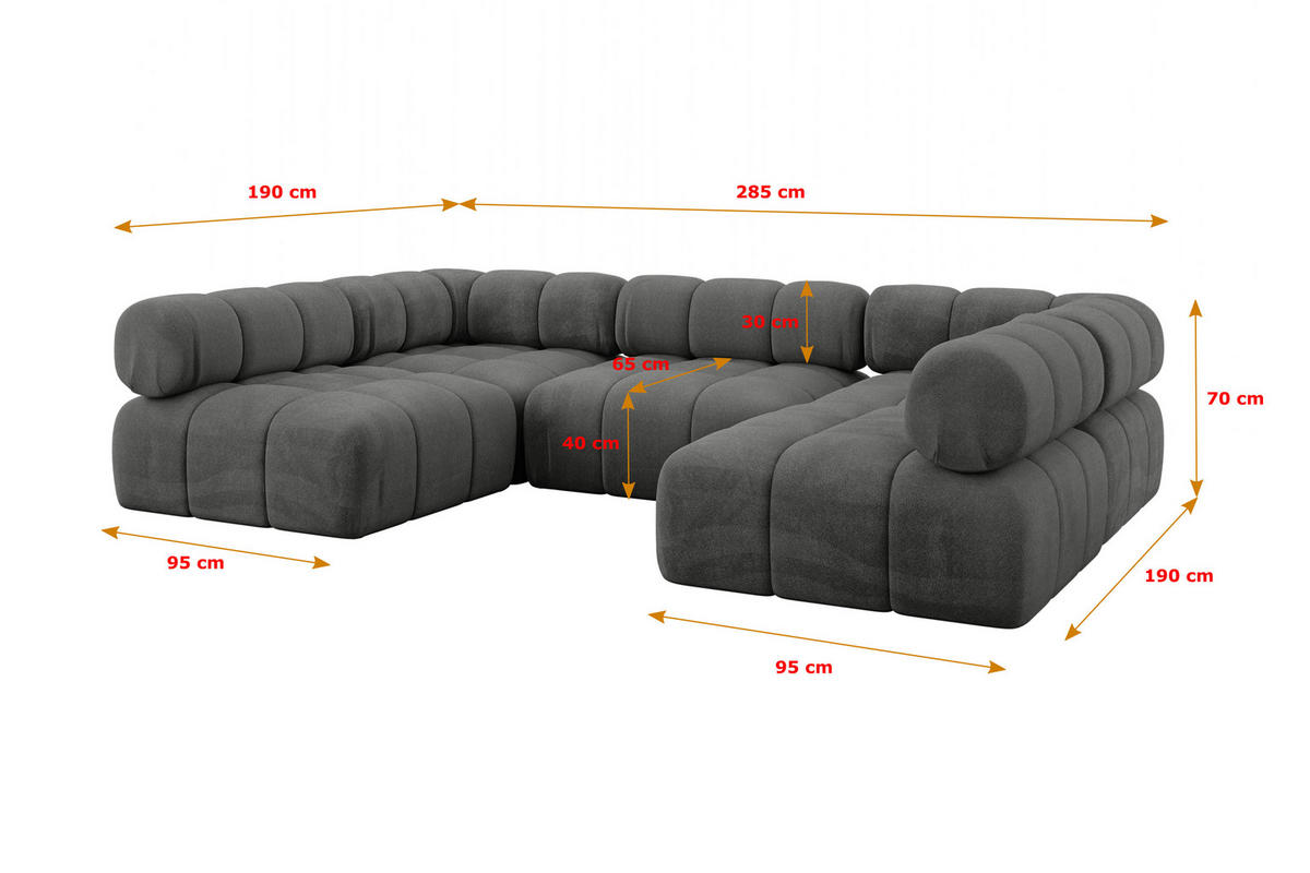 WOHNLANDSCHAFT modulares Sofa Garvo-U1 - 285x190x70 cm Dunkelgrau Velours - Dunkelgrau, Holzwerkstoff/Textil (285/70/190cm) - ALTDECOR